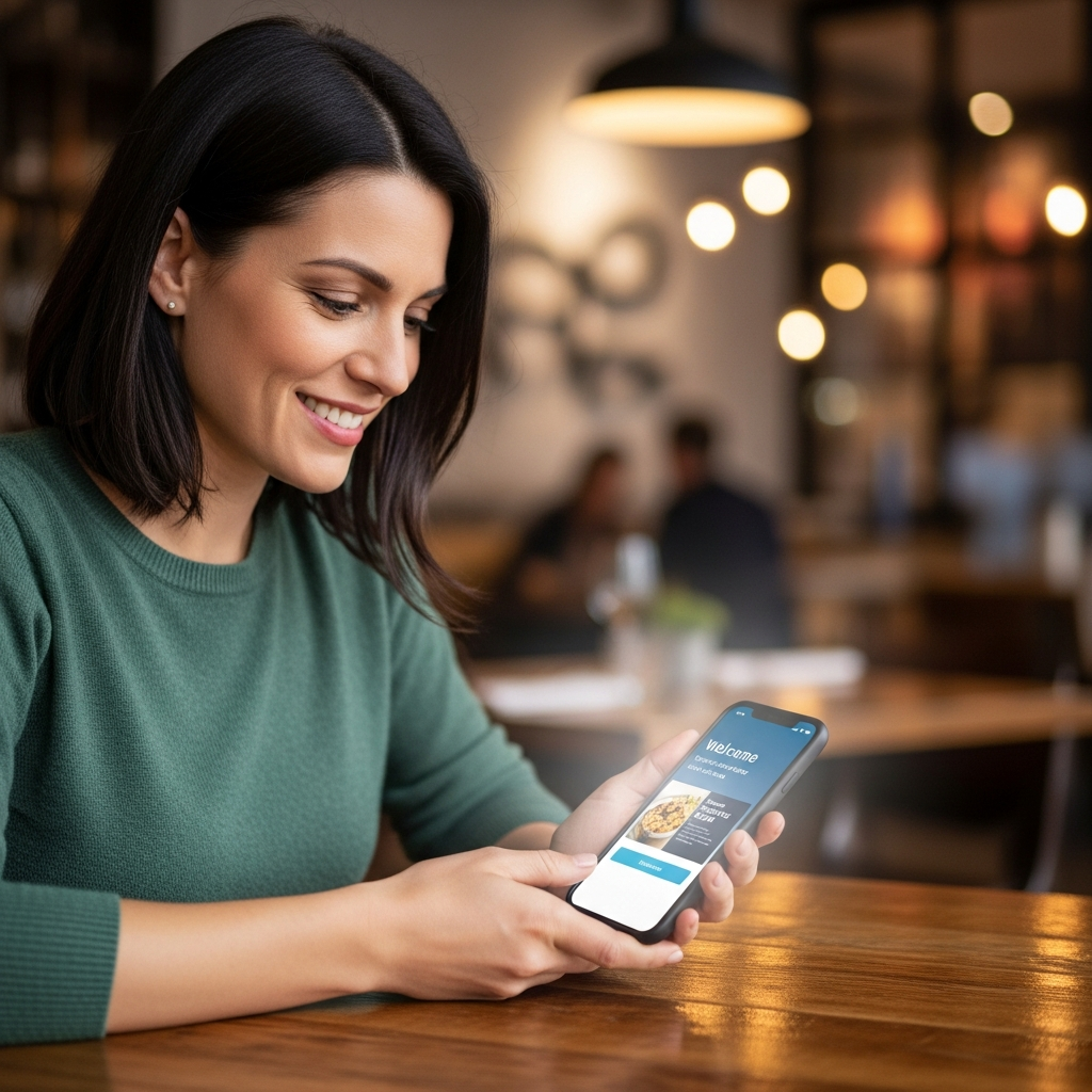 Um empregado sorridente oferece um tablet a um casal de clientes para ver o menu num restaurante moderno.