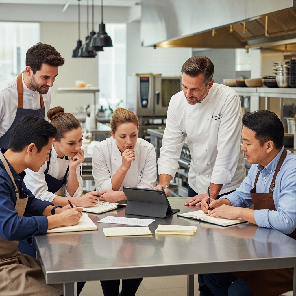 Restaurant team planning sustainability strategy