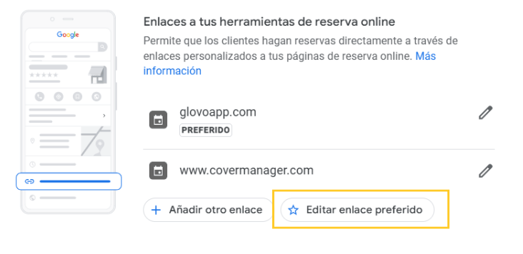 Gestión de enlaces de reserva existentes en el perfil de empresa de Google My Business