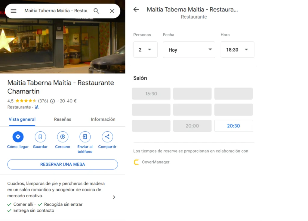 Filtro de Google Maps para buscar restaurantes con reserva online disponible