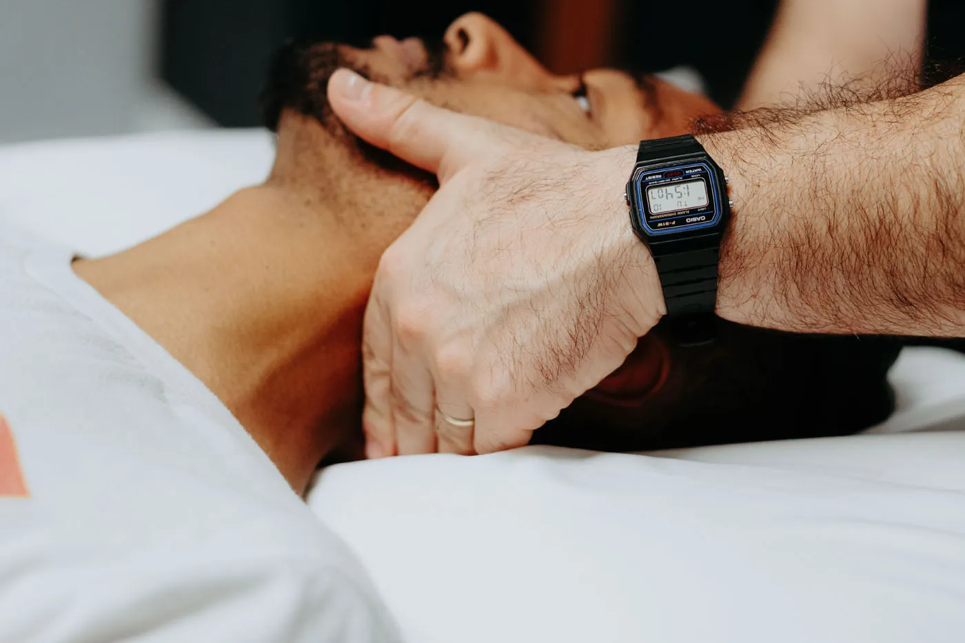 Closeup of cervical mobilization being performed during physical therapy