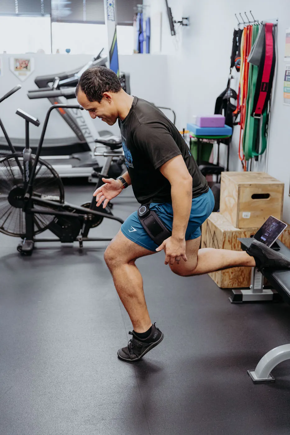 Patient wearing a motion sensor performing a lunge exercise