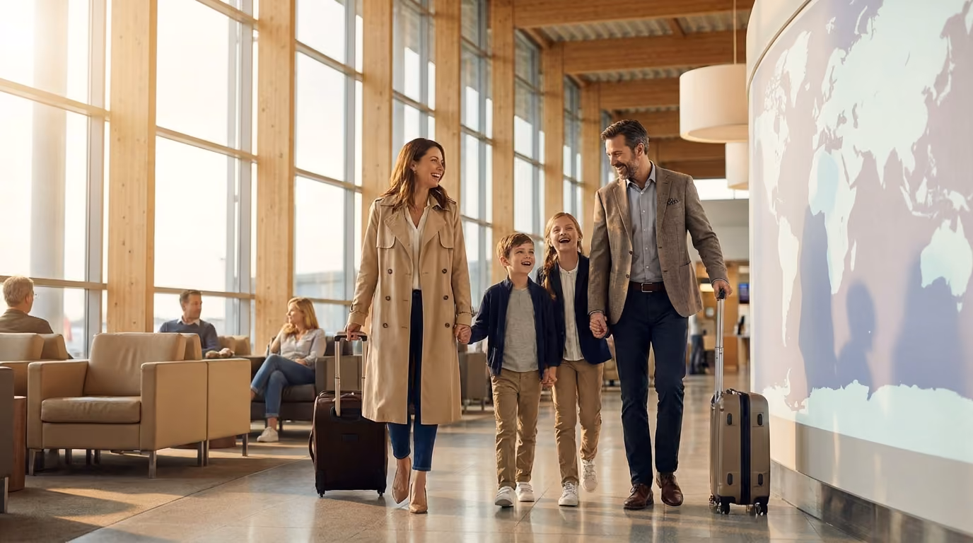 Família caminhando em terminal de aeroporto