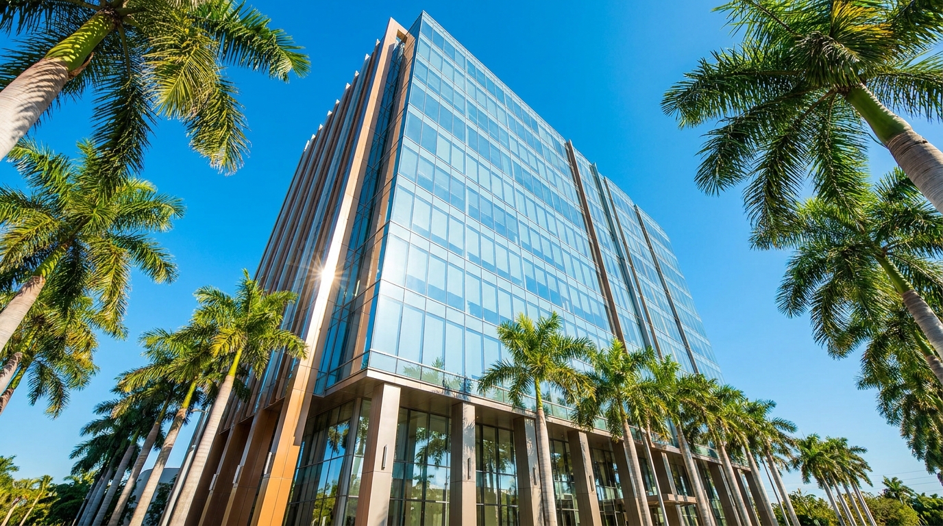 Edifício corporativo de vidro com palmeiras sob céu azul na Flórida