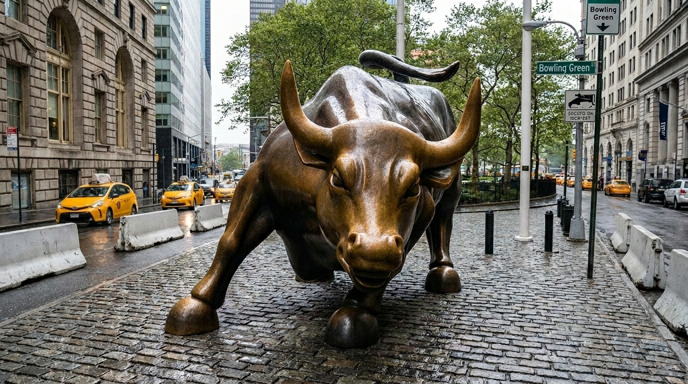 Estátua do touro de Wall Street, símbolo do mercado financeiro americano