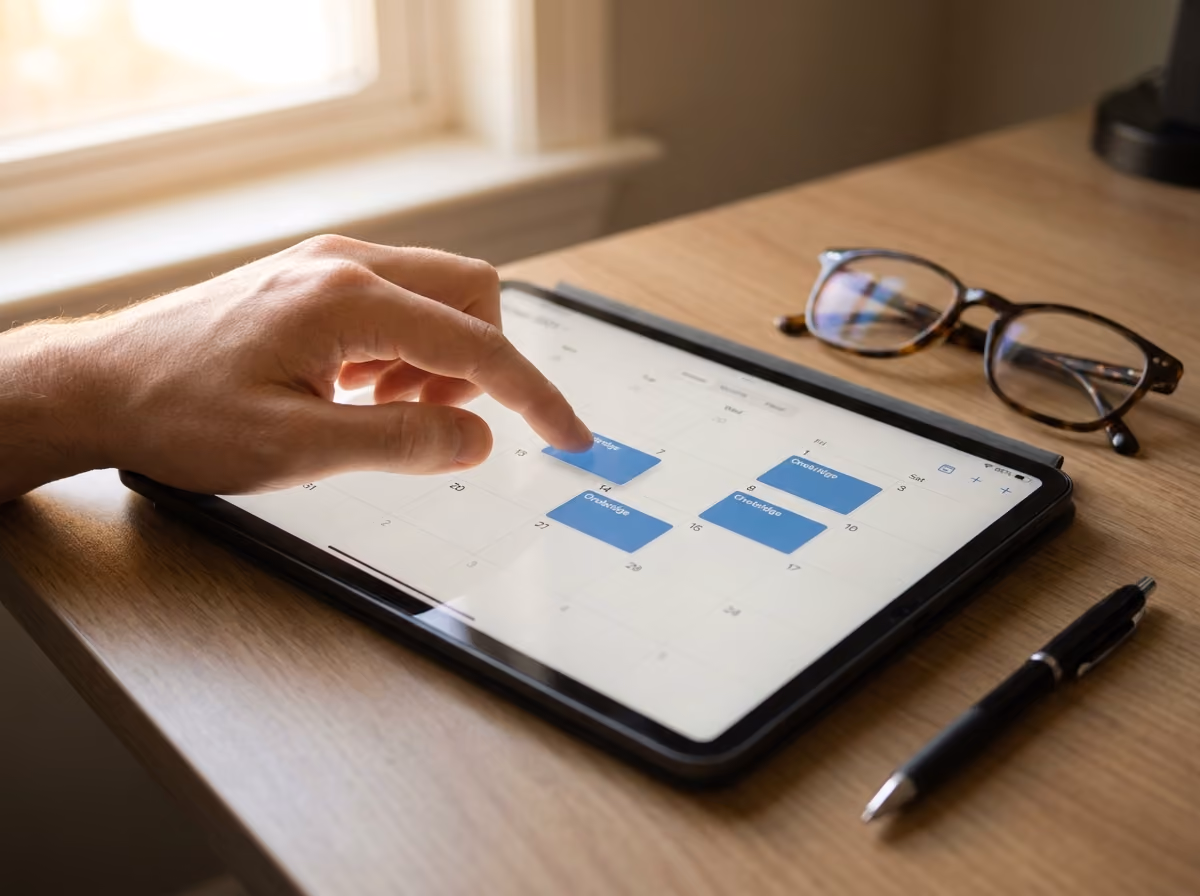 Uma pessoa marcando um compromisso na agenda em um tablet. 