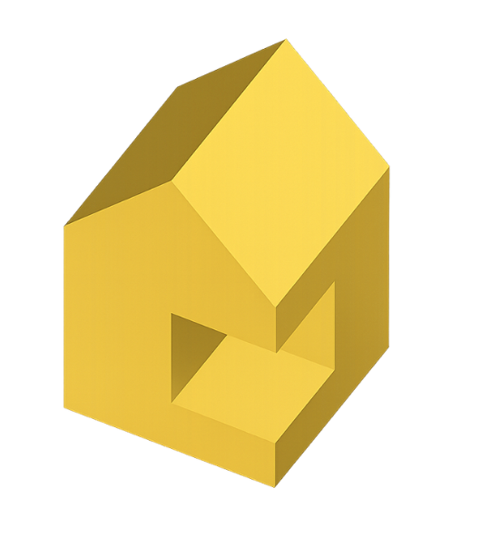 A three-dimensional yellow house representing the company logo.  Colors are yellow and grey.