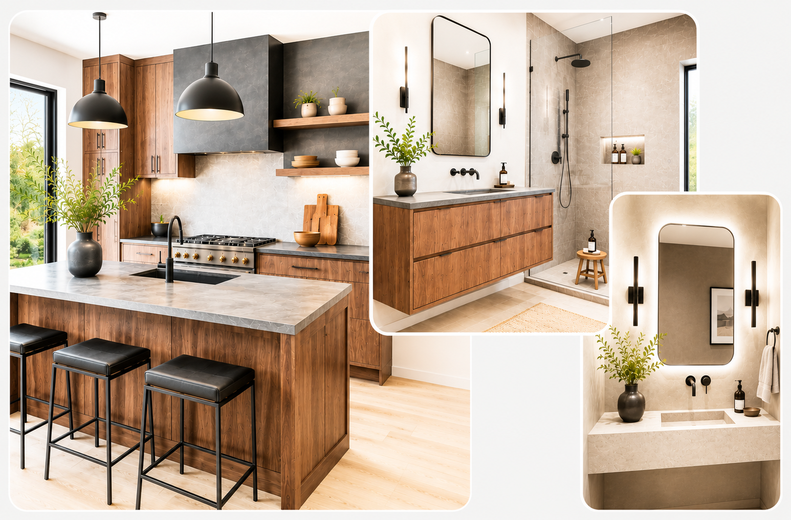 Illustration of interior design kitchen and bath with dark-color cabinets and fixtures.