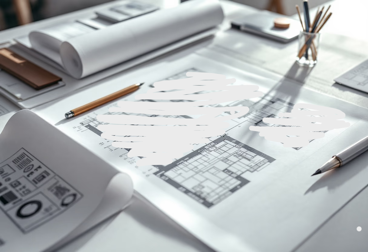 Desk with pencils and architectural drawings.