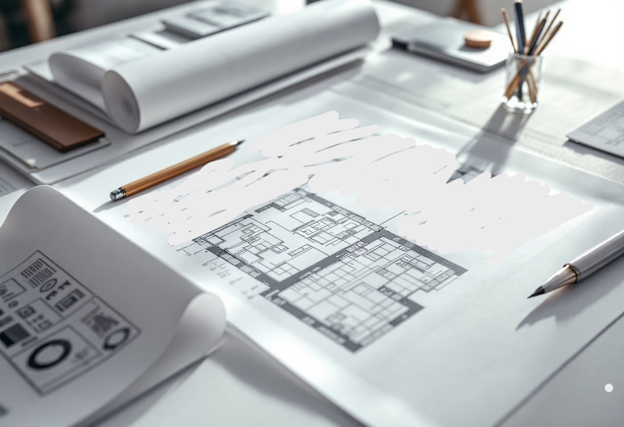 Desk with pencils and architectural drawings.