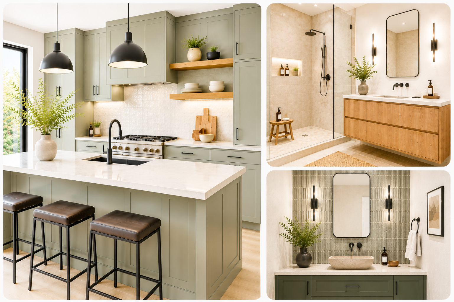 Illustration of interior design kitchen and bath with medium-color cabinets and fixtures.