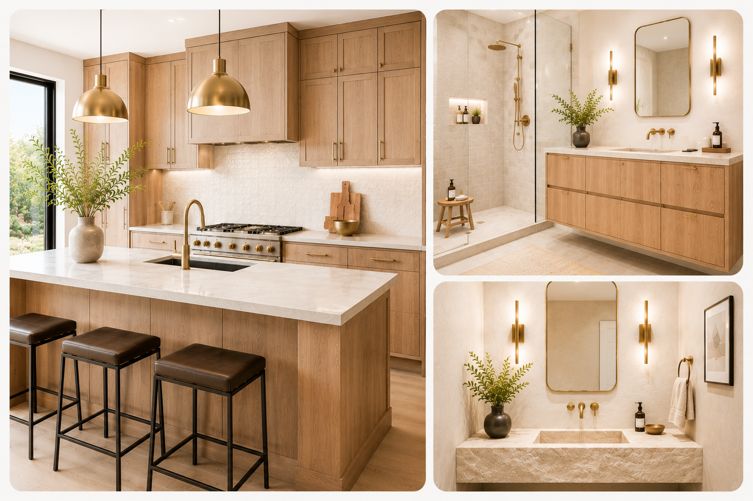 Illustration of interior design kitchen and bath with light-color cabinets and fixtures.
