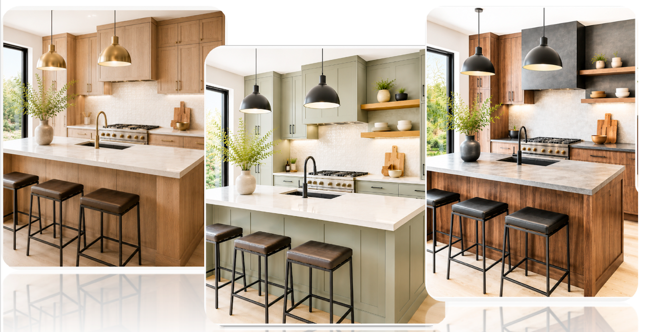 Three versions of the same kitchen illustrating different finishes, from light to medium to dark cabinets and fixtures.