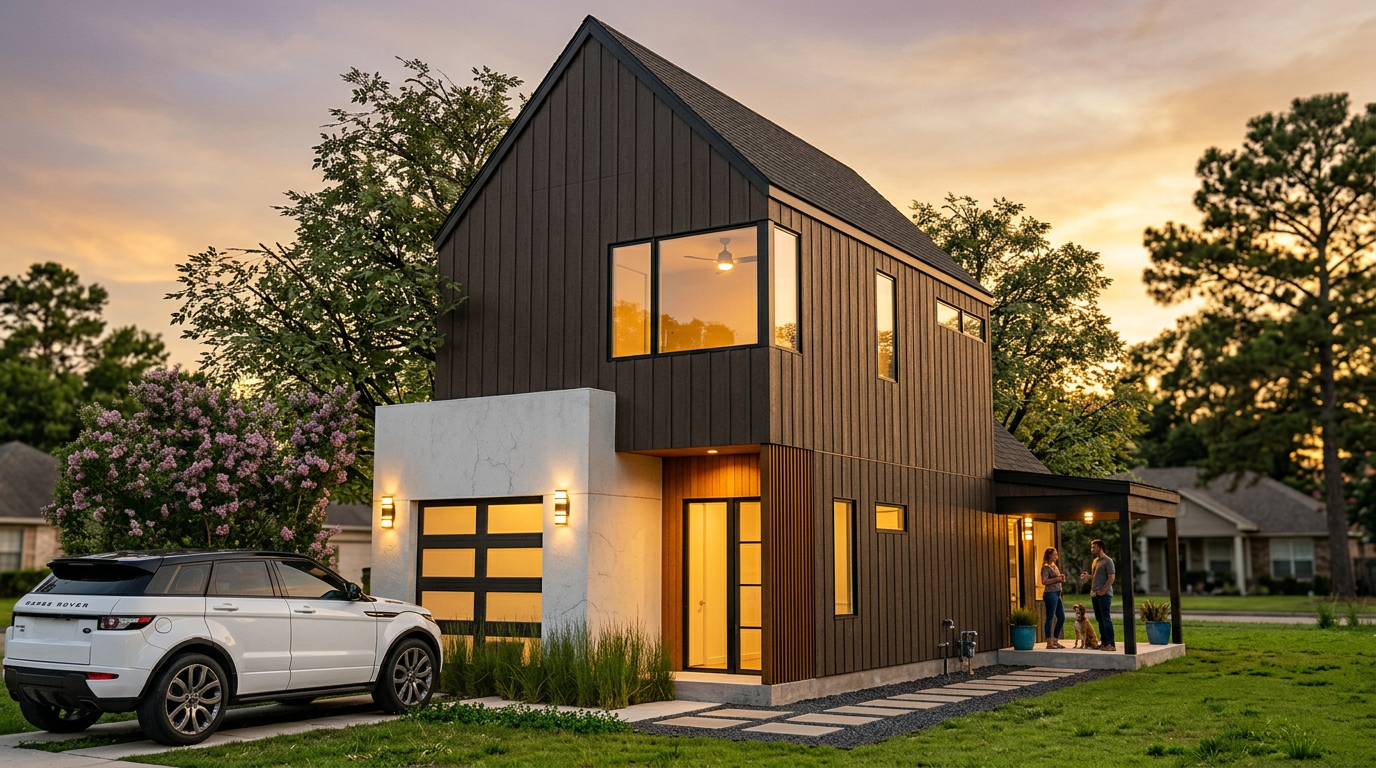 A beautifully designed home, view from the front with inviting entryway, large windows and front garden.