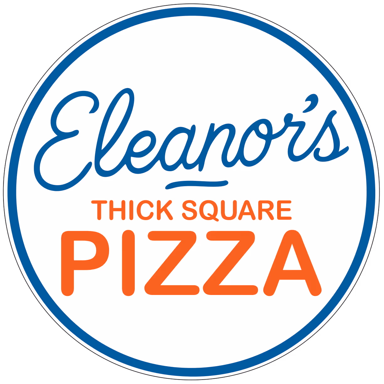 Eleanor's Pizza logo with blue and orange text inside a blue circle.
