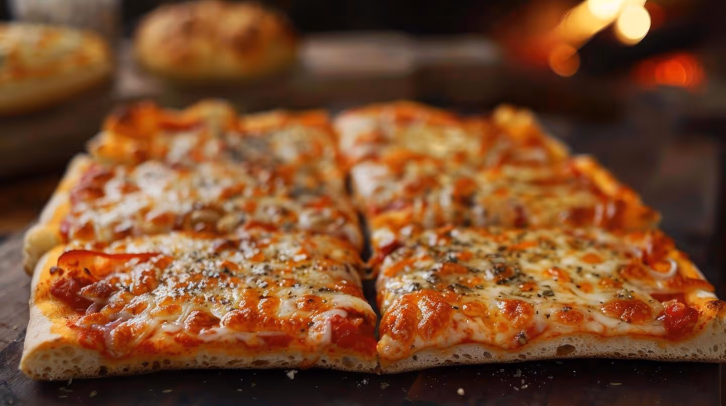 Four slices of square cheese pizza with herbs on a wooden surface and bread in the background.