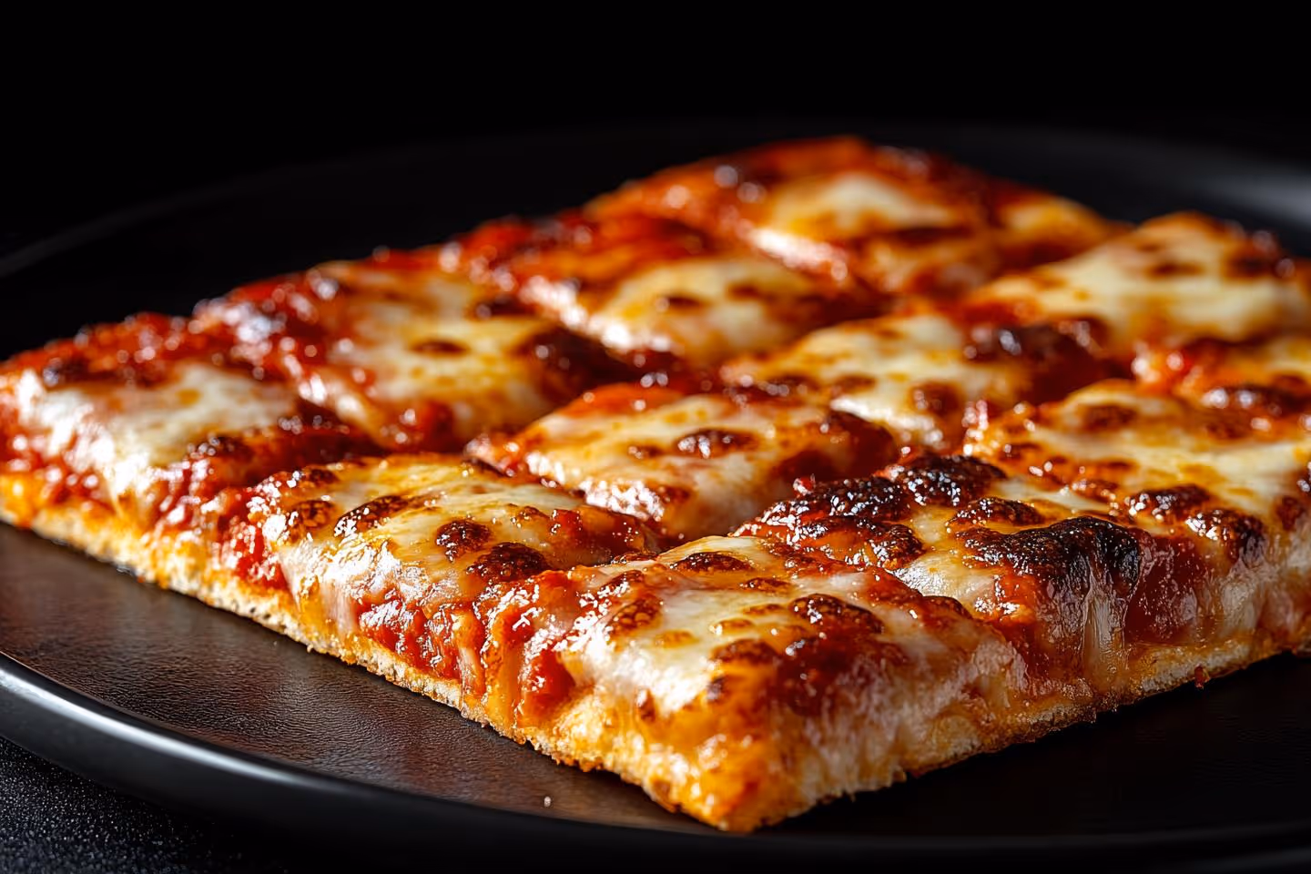Rectangular cheese pizza cut into squares on a black plate with golden melted cheese.