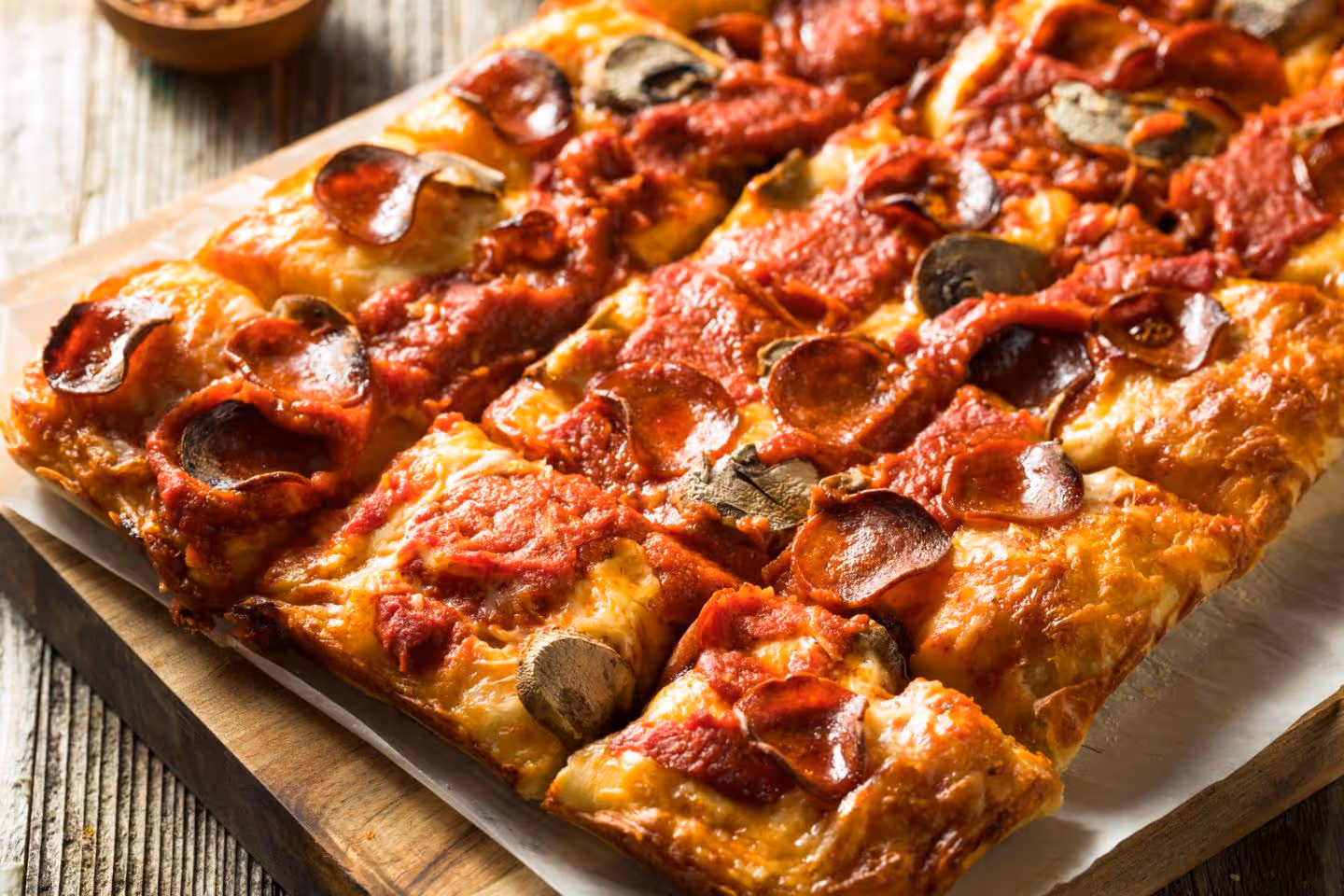 Rectangular pepperoni and mushroom pizza sliced on wooden board with parchment paper.