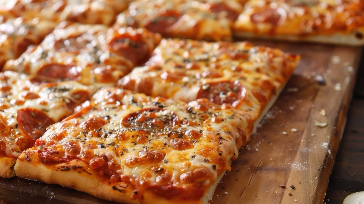 Close-up of rectangular pepperoni pizza slices with melted cheese and seasoning on a wooden board.