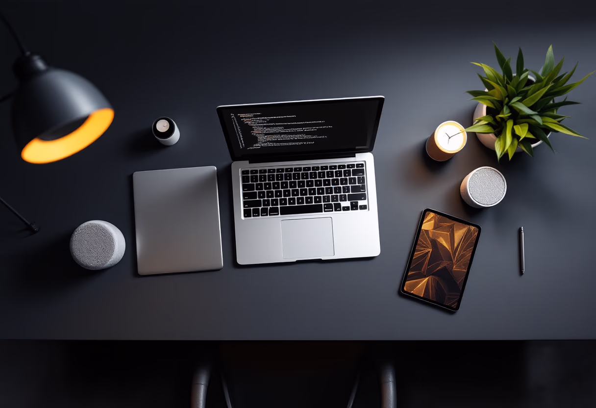 [background image] image of a desk with tech gadgets (for an ai developer tools)