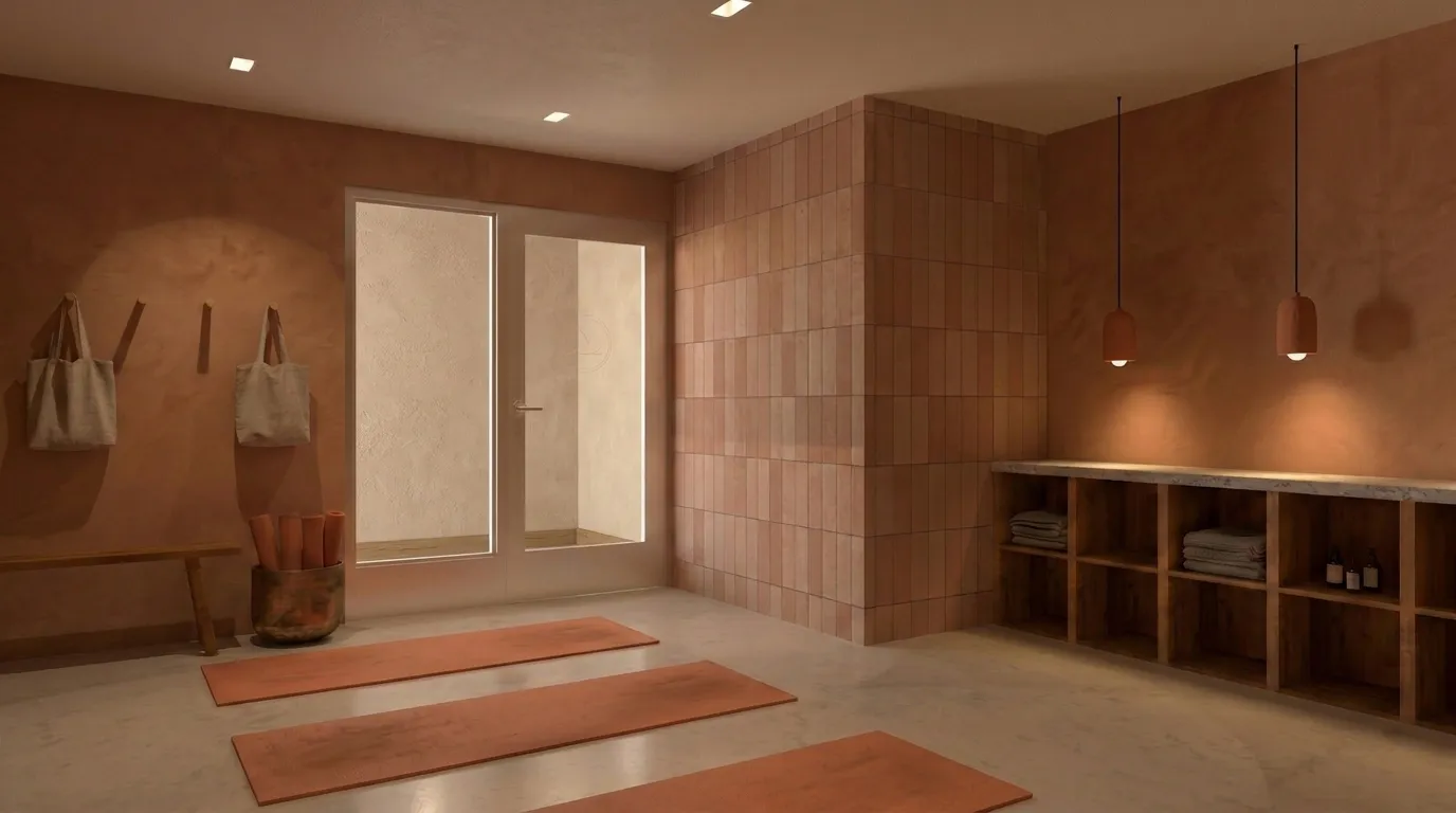 Minimalist yoga room with three mats, hanging bags, folded towels, and soft pendant lighting.