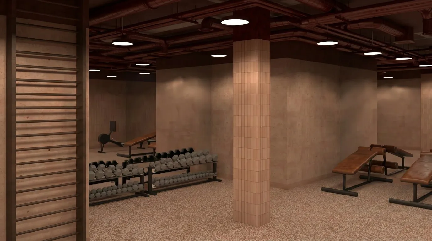 Fitness room with dumbbells, weight benches, and a wooden ladder on a beige tiled floor.