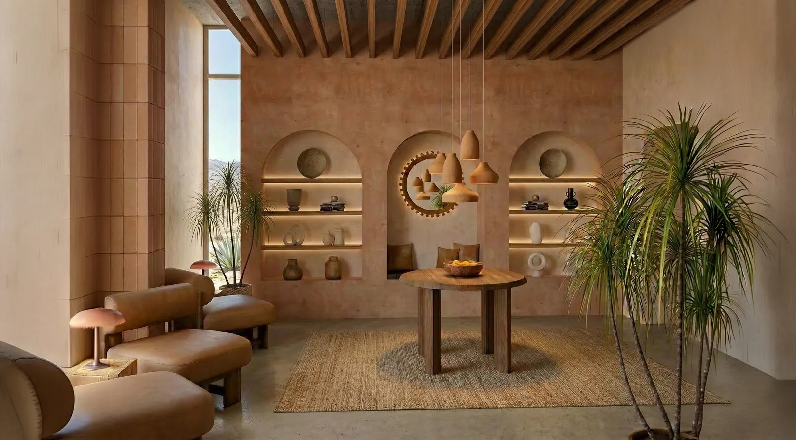 Cozy living room with beige chairs, wooden table, pendant lights, built-in shelves, and tall plants.