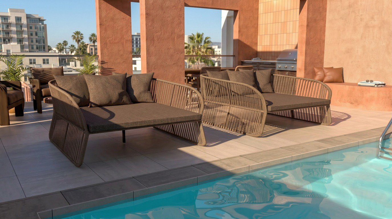 Two brown outdoor lounge chairs with cushions beside a pool on a sunny patio with plants and buildings.