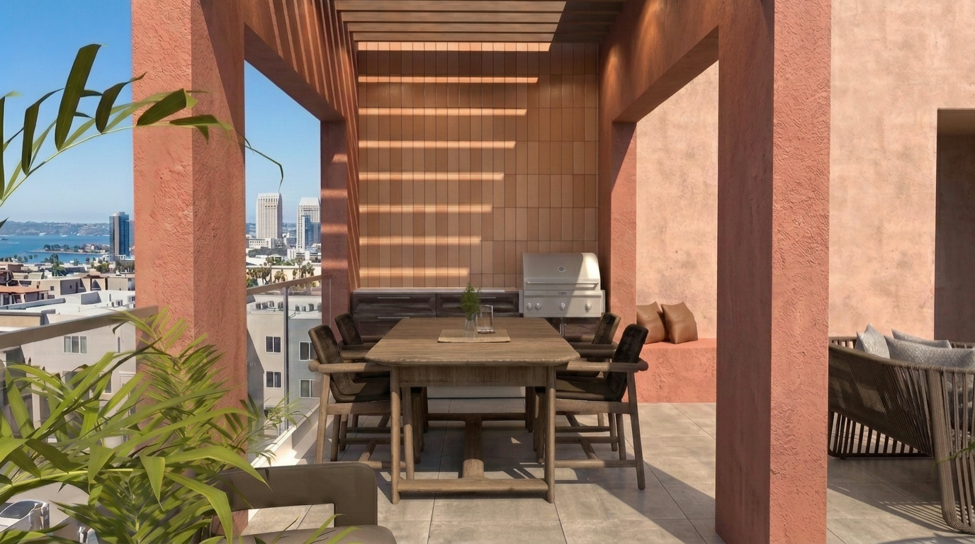 Outdoor dining area under a pergola with wooden table, chairs, built-in grill, and cityscape view.