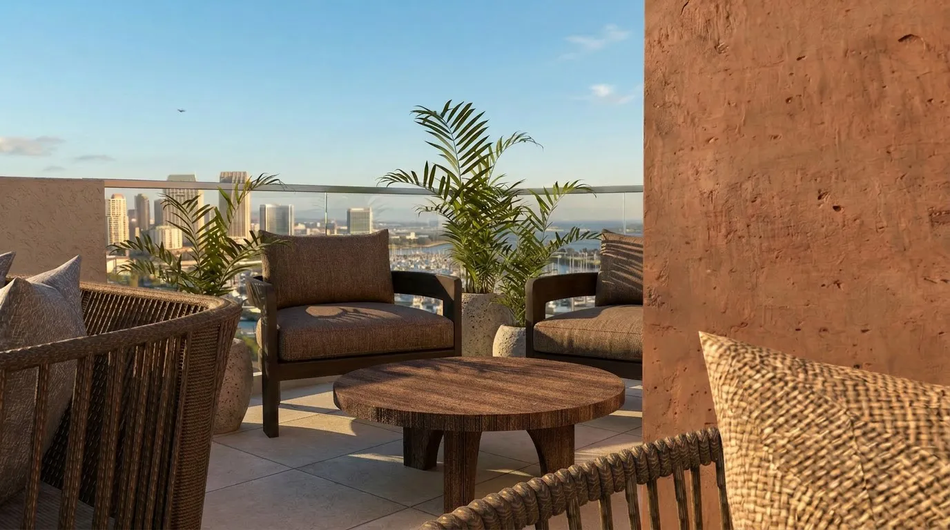 Outdoor patio seating with brown cushioned chairs, a round wooden table, and cityscape view beyond glass railing.