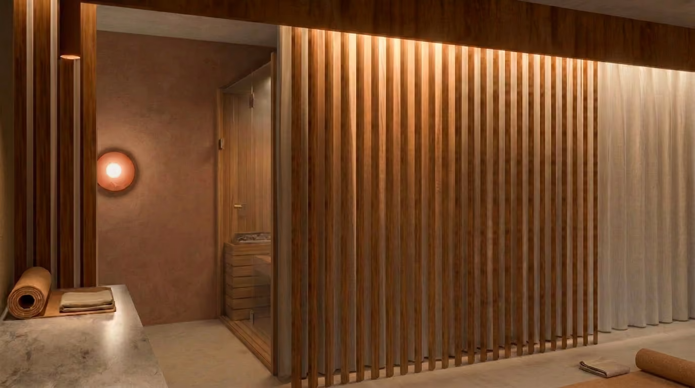 Warm-toned spa room with wooden slats, marble counter, rolled towels, soft wall light, and a glass sauna door.