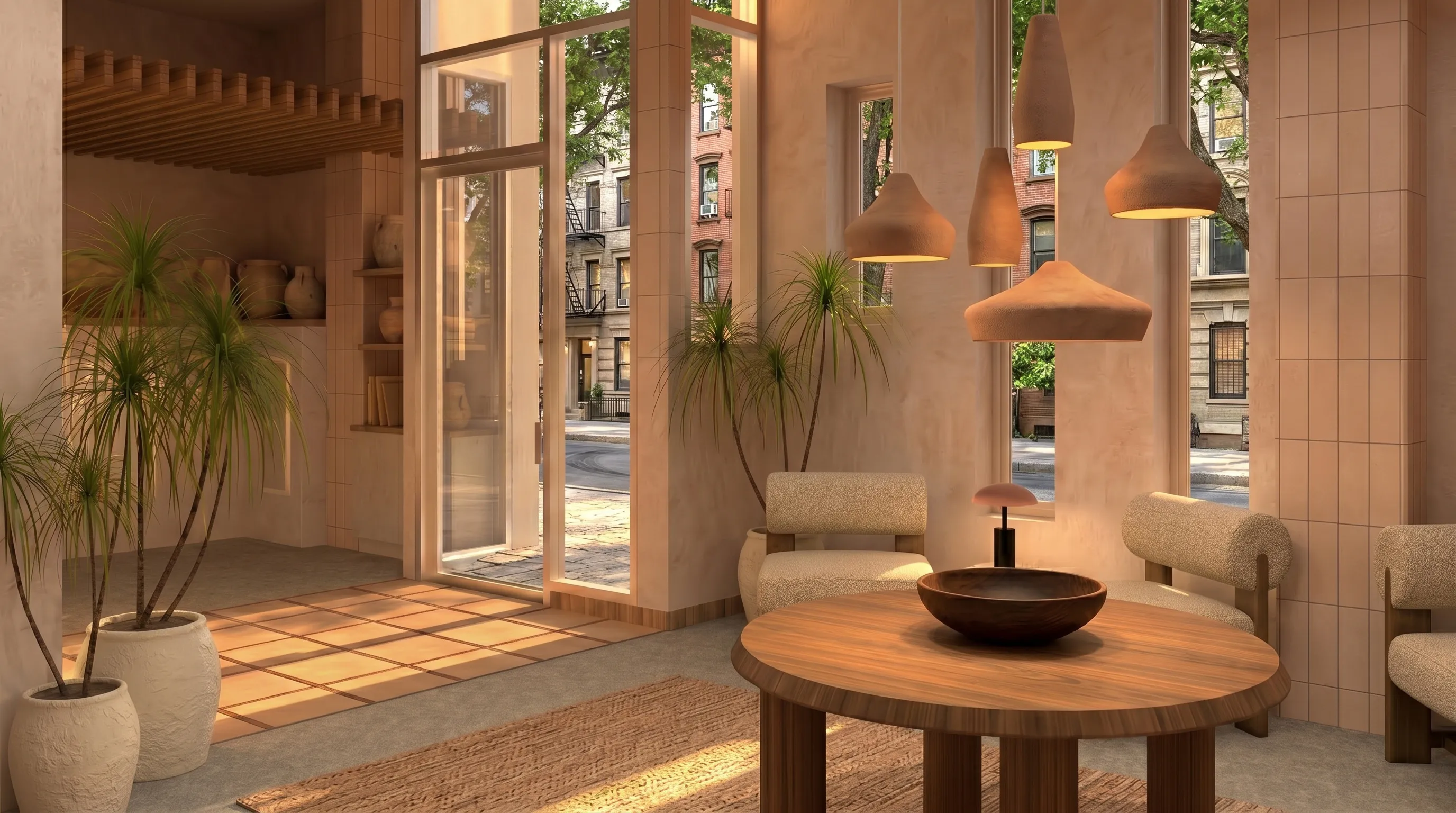 Modern cozy room with wooden table, textured chairs, hanging lights, and large windows showing city buildings.