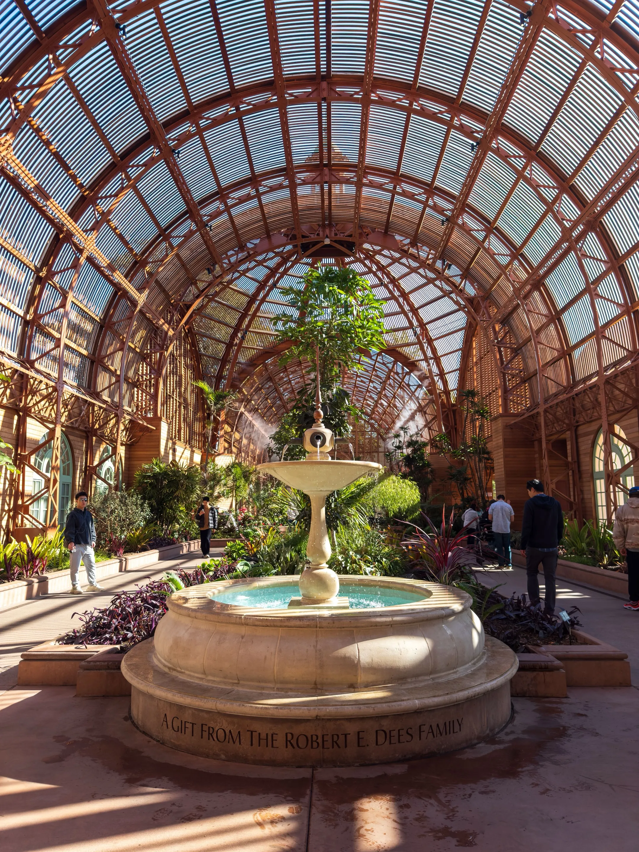 Indoor botanical garden with a stone fountain and arched wooden lattice ceiling with sunlight streaming in.