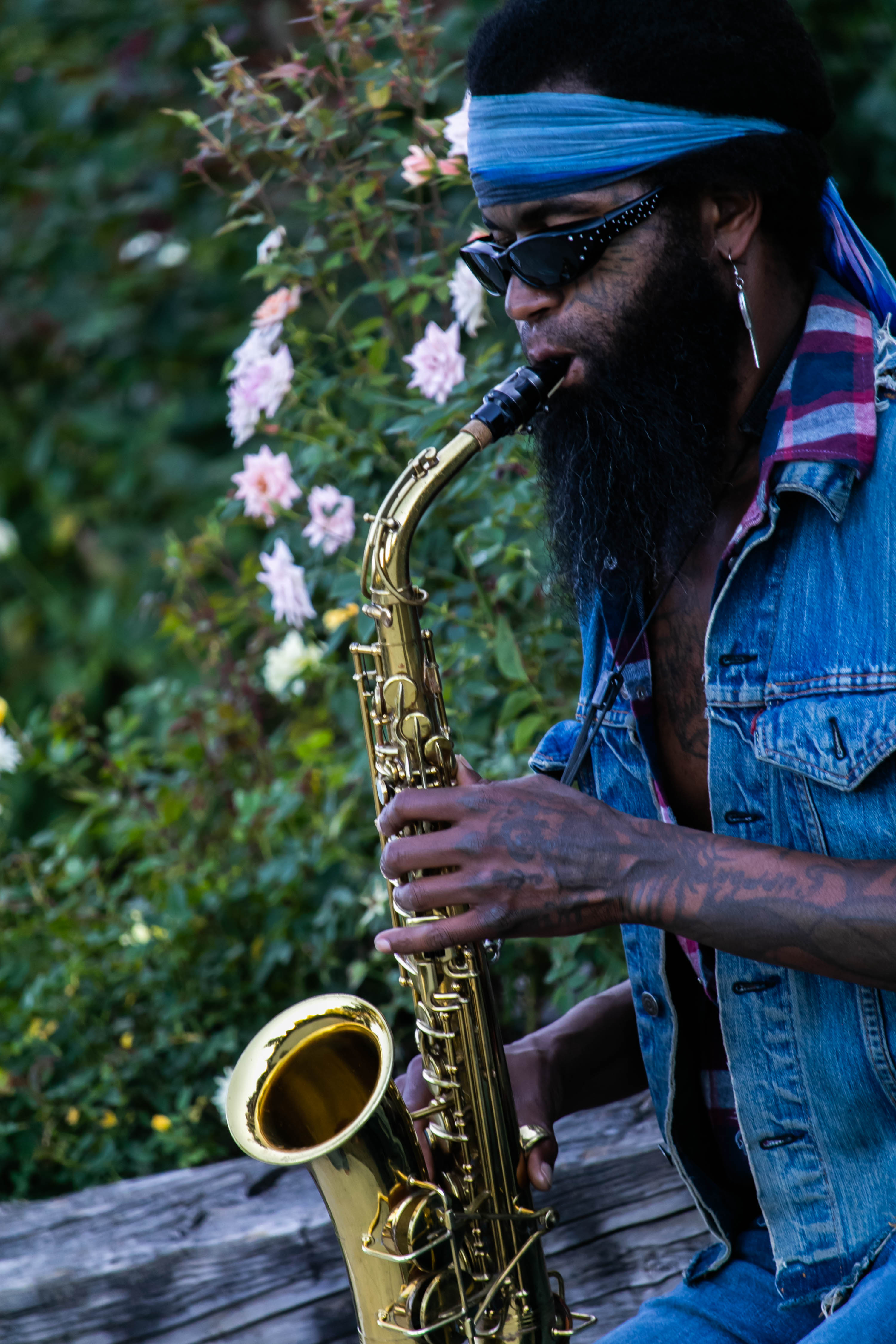 Saxophone player in garden