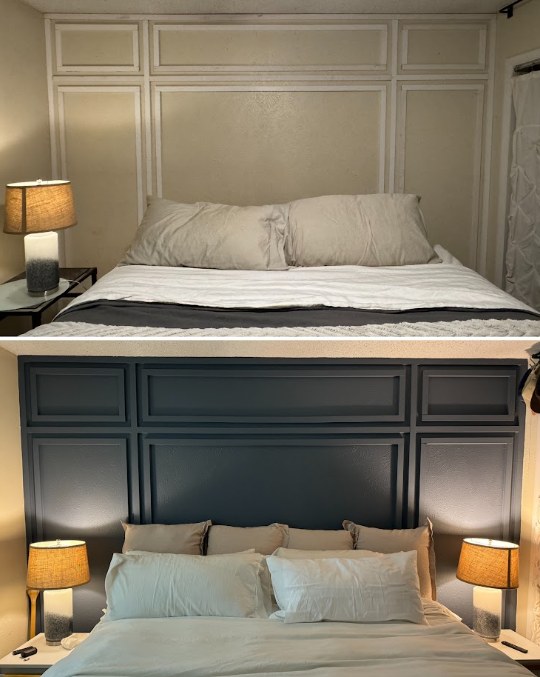 Before and after of a Vaughs Gap bedroom: cream paneled wall behind the bed, then the same trim work painted deep navy with lamps lit on both nightstands