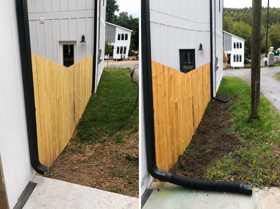 Before and after at Mallory Street: downspout emptying against the foundation, then a corrugated downspout extension carrying runoff away from the house