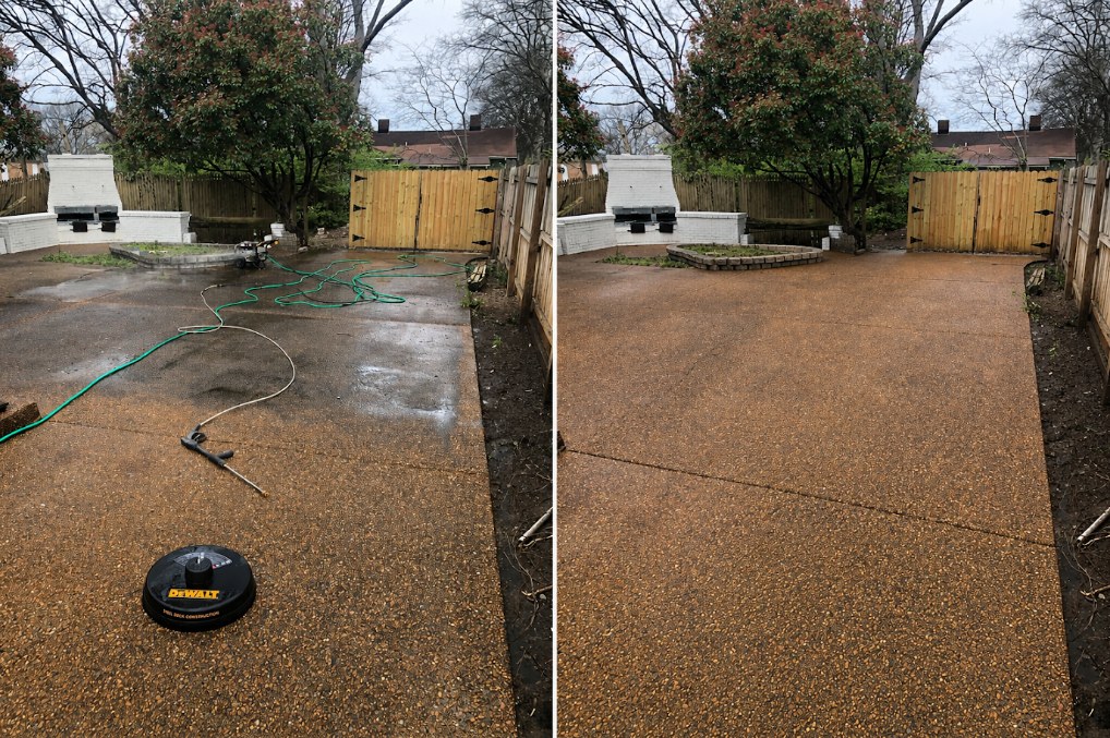 Before and after of a Scovel Street exposed aggregate driveway: grey stained concrete with a pressure washer in place, then the cleaned driveway with its original color restored