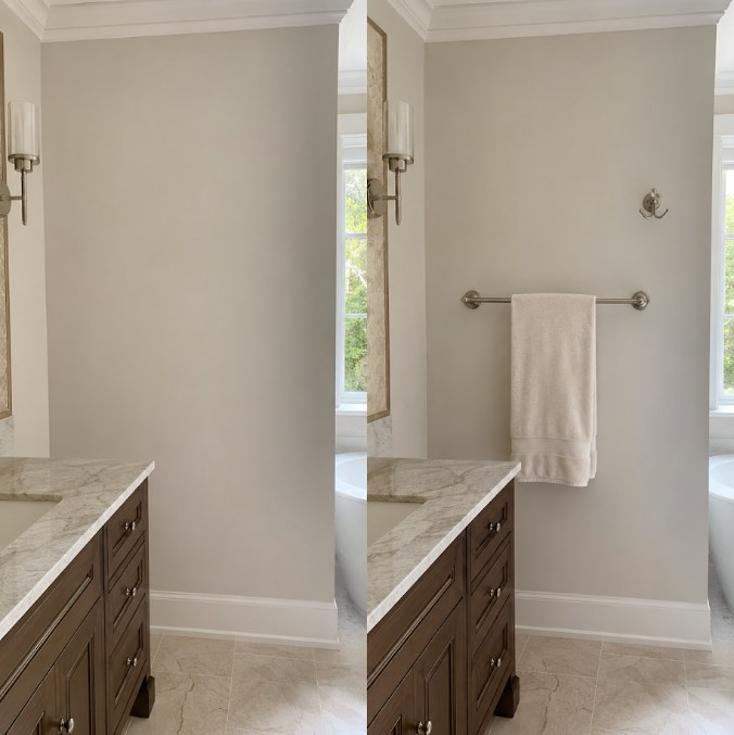 Before and after of a Whites Creek Pike bathroom: empty wall beside the wood vanity, then an installed towel bar with hand towel and a robe hook above it