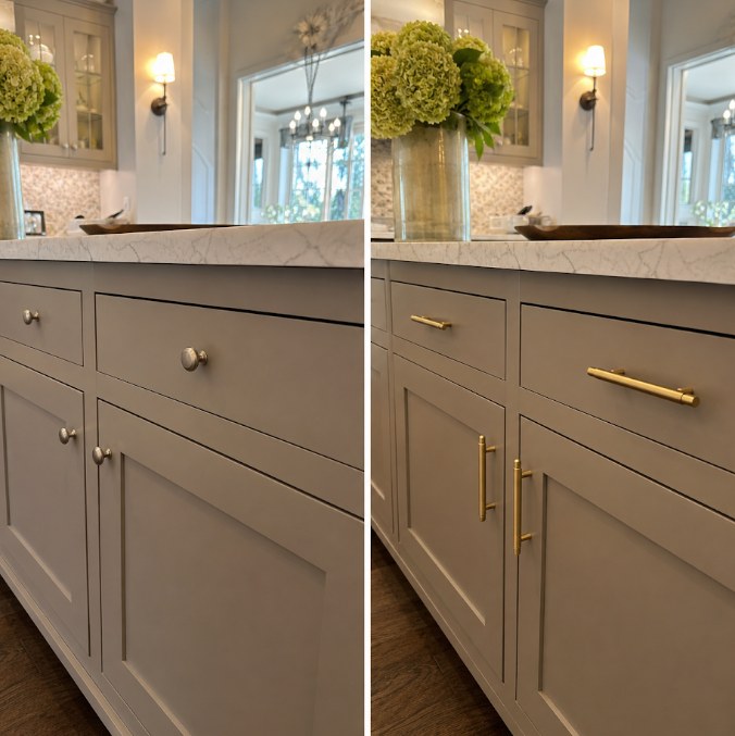 Before and after of Lauderdale Road kitchen cabinets: dated brushed nickel knobs replaced with brushed brass bar pulls on greige shaker fronts