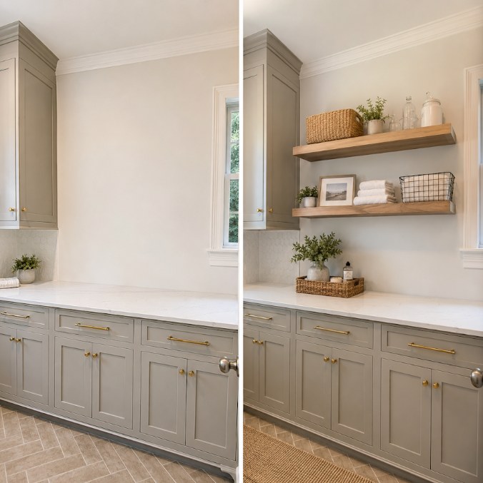 Before and after of a Percy Warner Blvd laundry room: blank wall above the counter, then two white oak floating shelves styled with baskets, linens and greenery