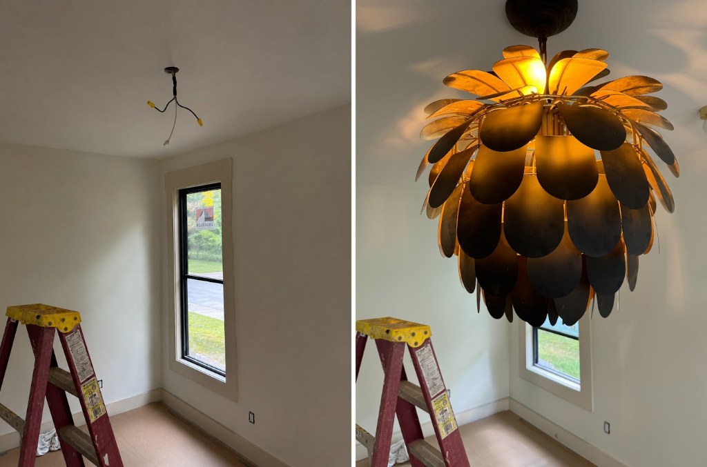 Before and after on Curdwood Blvd: bare ceiling junction box with exposed wiring, then an installed brass petal pendant chandelier lit up