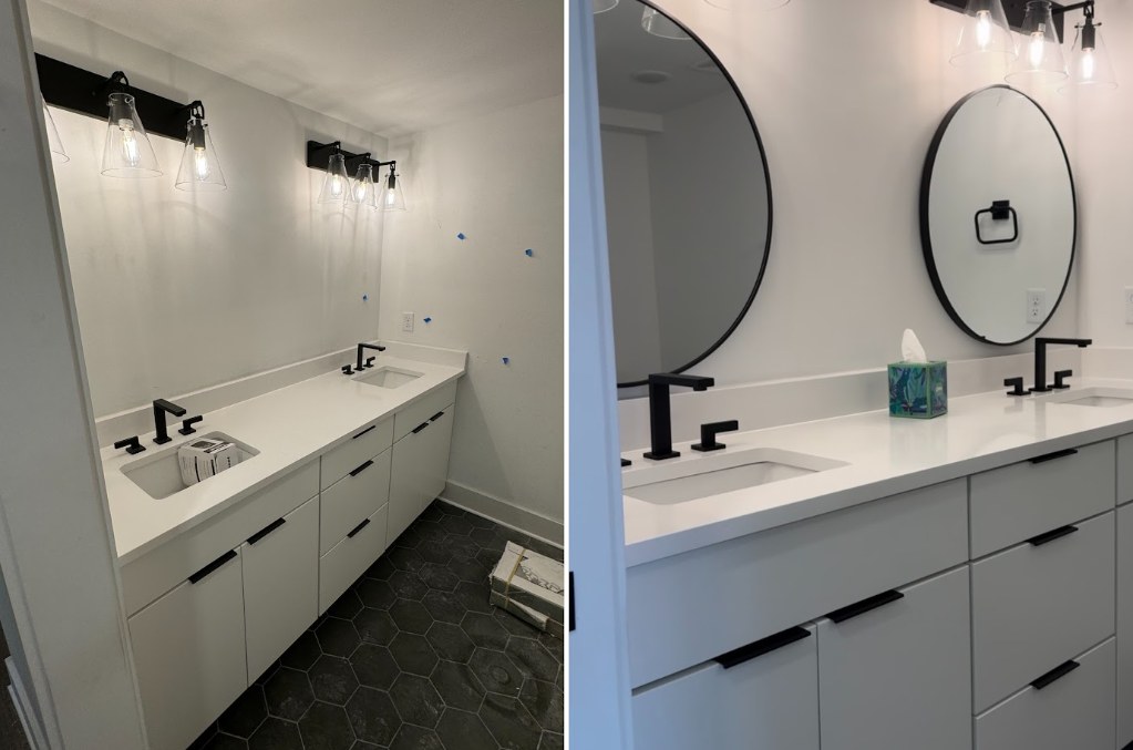 Before and after of a Clearview bathroom: bare wall above a white double vanity, then two round black-framed mirrors hung above the sinks