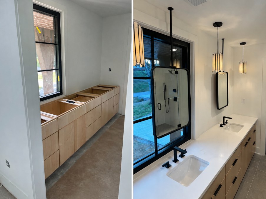 Before and after of a Clearview master bathroom vanity: unfinished wood cabinet boxes, then a finished quartz countertop with undermount sinks, black faucets and pendant lighting