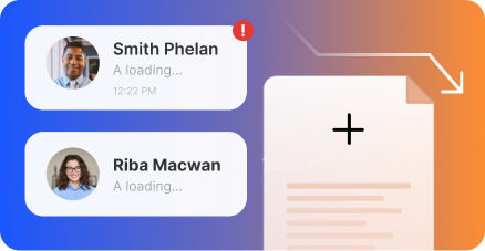 Two user cards with profile photos and names loading, with a document icon and arrow on blue-orange gradient background.