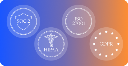Circles with SOC 2, ISO 27001, HIPAA, and GDPR security compliance icons on a blue to orange gradient.