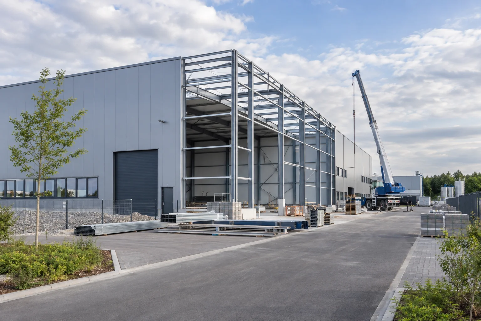 Industriehalle im Ausbau mit Stahltragwerk und Mobilkran