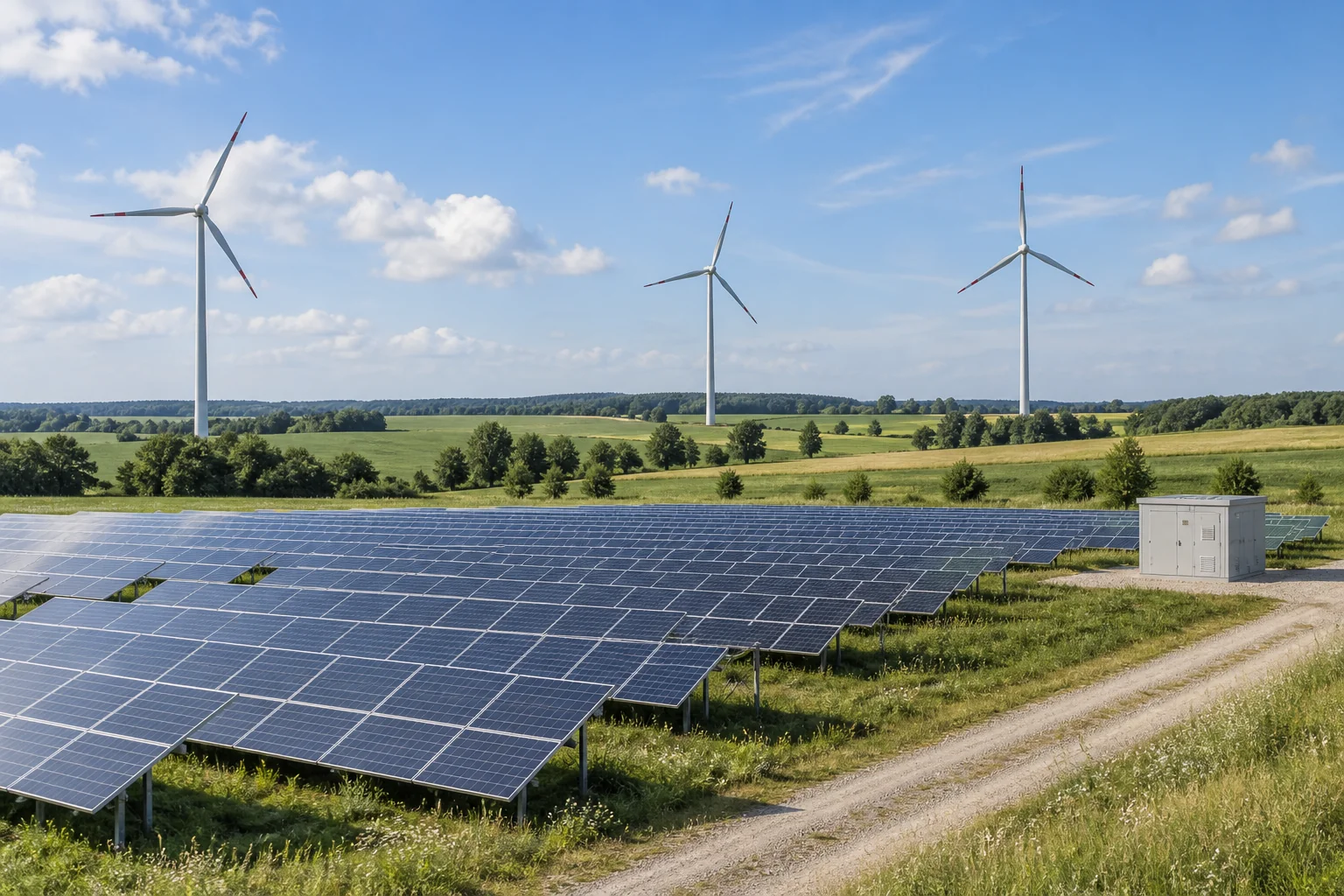 Photovoltaikanlage und Windräder in einer grünen Landschaft