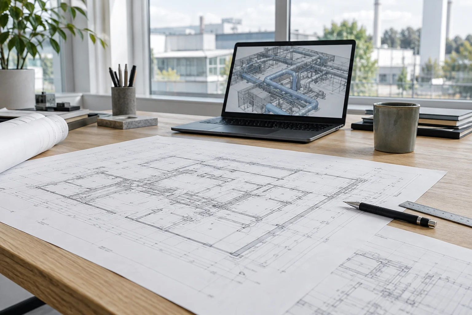 Technische Planungsarbeit mit Bauplänen und digitalem Gebäudemodell