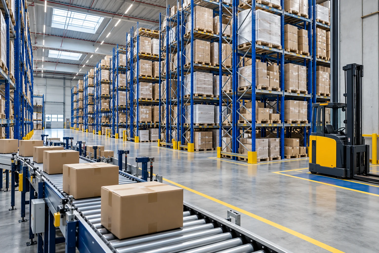 Regalanlagen, Fördertechnik und Flurförderzeug in einem Logistikzentrum