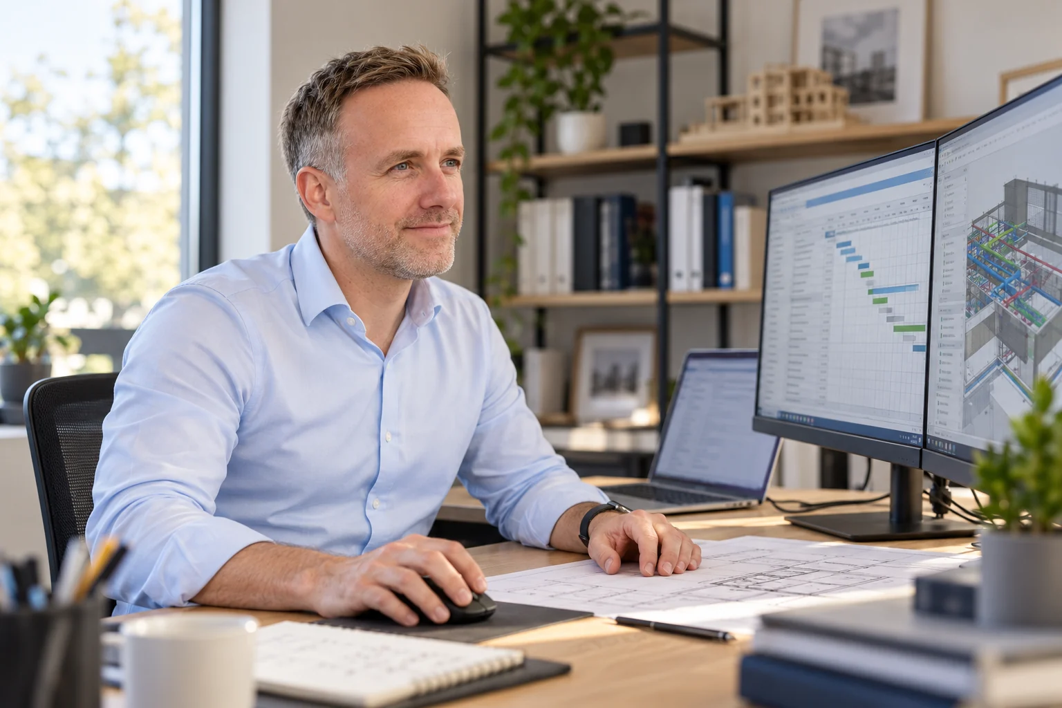 Christian Wagner arbeitet mit Terminplan und digitalem Gebäudemodell